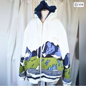 Princess ZipUp Hoodie, Women,Baggy Mountain Scenery, Pckts,White/Green Blue,L/XL